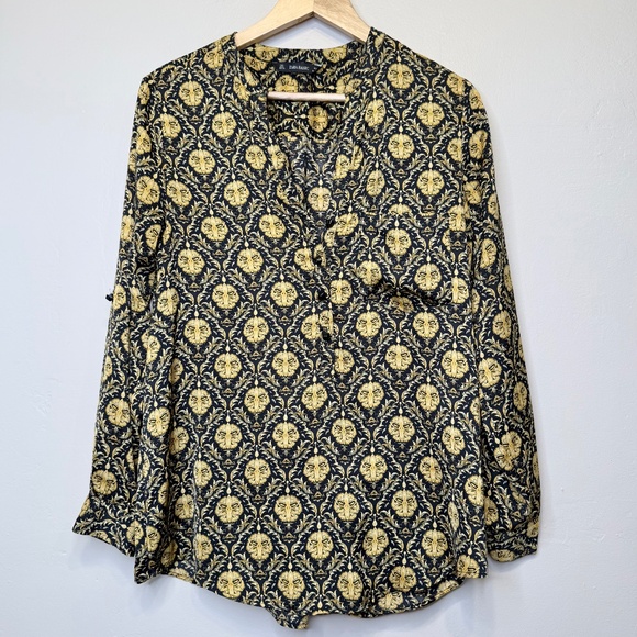 ZARA | Designer Inspo Printed Retro Pattern Button Up Henley Long Sleeve Blouse - Picture 5 of 16